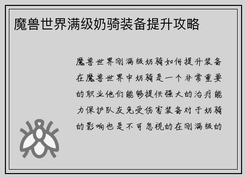 魔兽世界满级奶骑装备提升攻略